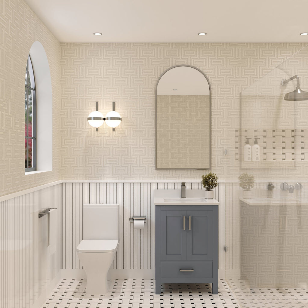 24-inch single-sink solid wood vanity with a stone top and ceramic basin in a gray-stone finish, freestanding with soft-close cabinet doors; shown in a modern-contemporary bathroom with arched mirror, sconce, toilet and glass shower.