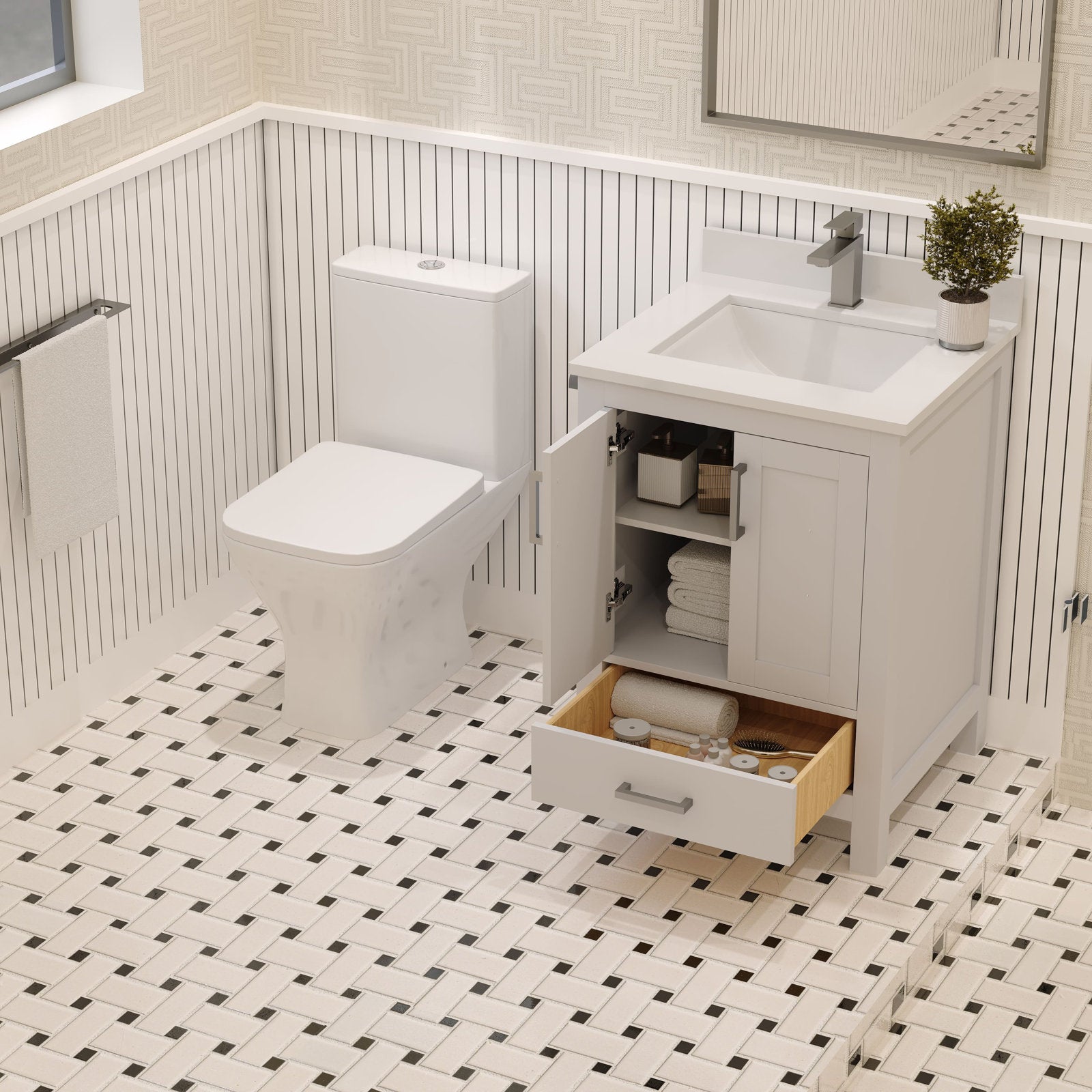 Stone-finish 24-inch modern solid wood bathroom vanity with a white stone countertop and integrated ceramic sink, freestanding cabinet with open door and drawer showing towels and toiletries, brushed metal faucet and nearby toilet.