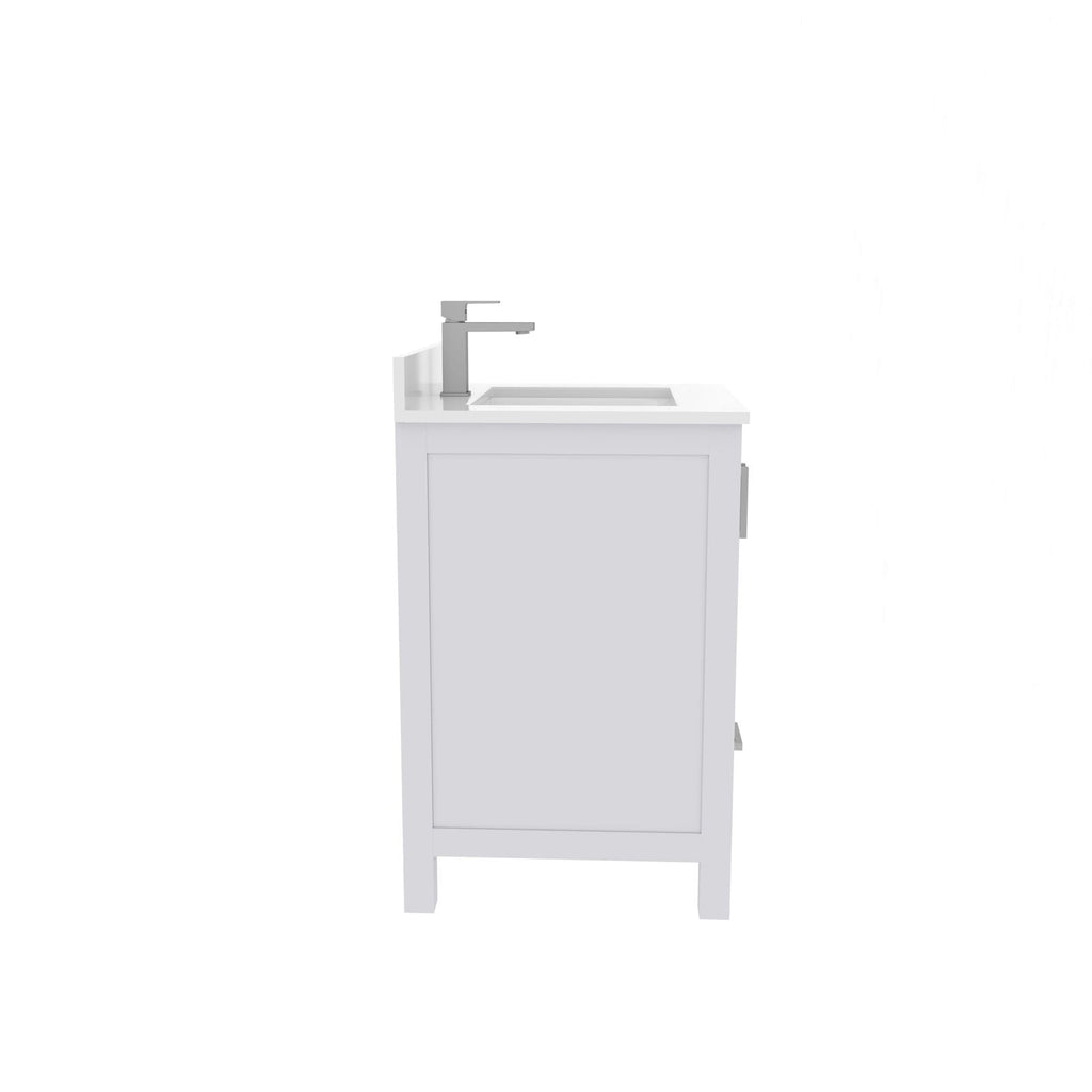 Side view of a 24-inch modern solid wood bathroom vanity in stone finish, showing the rectangular stone top with inset sink, single chrome faucet and freestanding base with legged frame.