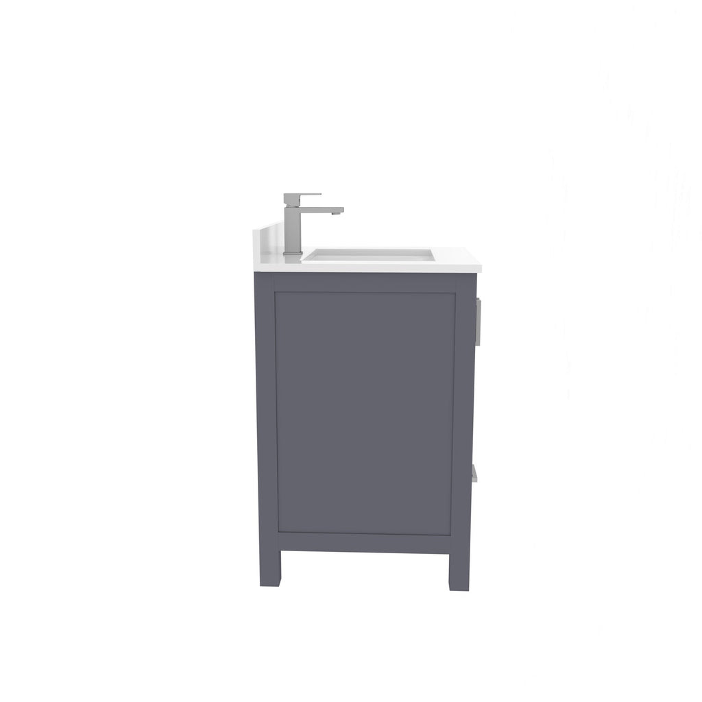 Side profile of a 24-inch modern solid wood bathroom vanity in stone gray with a white stone countertop, integrated rectangular ceramic sink and a single modern metal faucet.