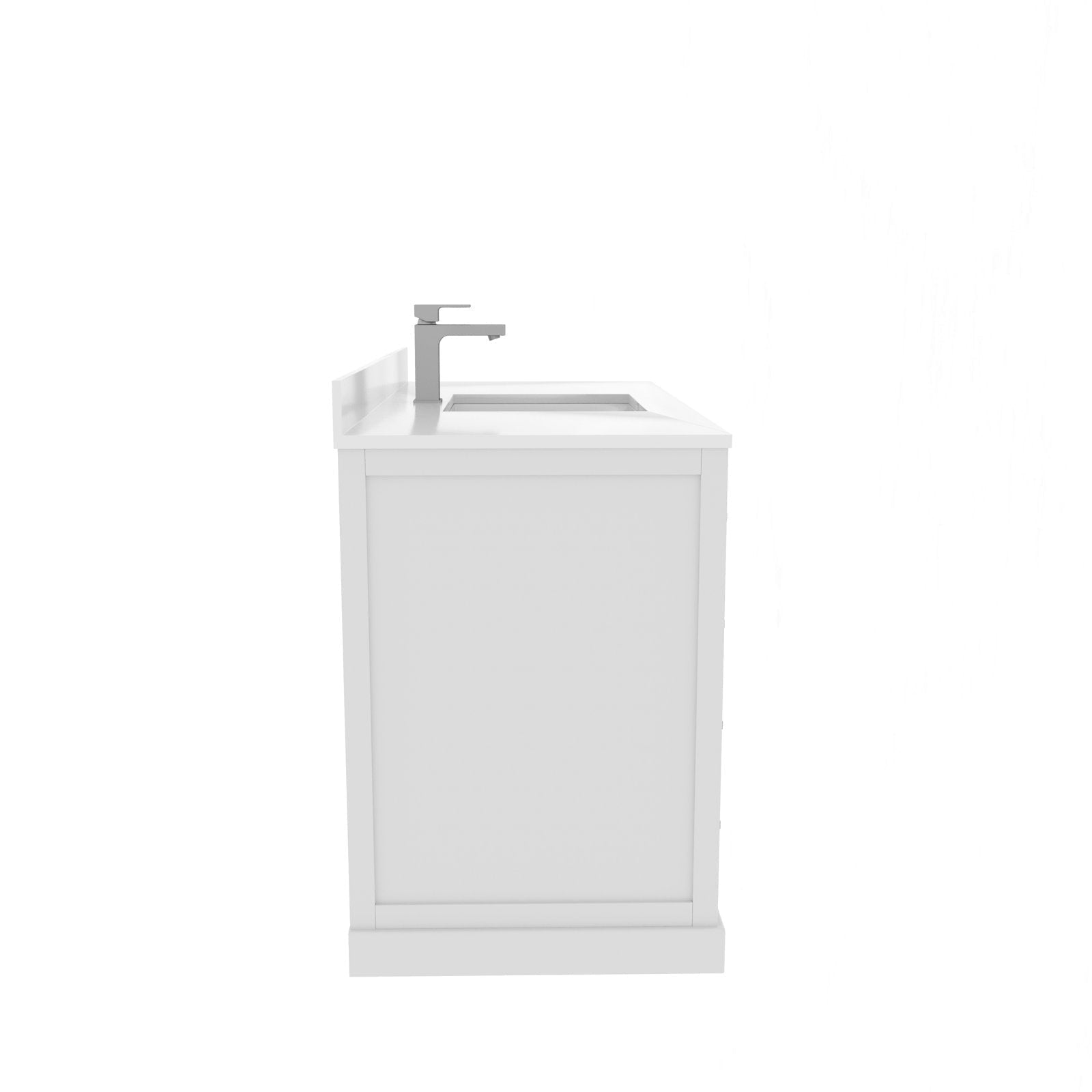 Side view of a modern solid wood bathroom vanity in stone finish showing the paneled side, integrated stone countertop with rectangular sink cutout and a chrome single-handle faucet.
