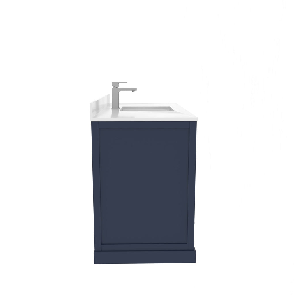 Side view of a navy blue solid wood 48-inch single-sink bathroom vanity with a white stone countertop, integrated rectangular ceramic sink and chrome single-lever faucet in a modern freestanding design.