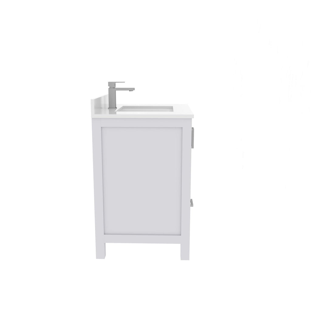 Side view of a modern 30-inch stone-colored solid wood bathroom vanity with a stone top, integrated rectangular sink and single-handle chrome faucet; shaker-style side panel and metal drawer handles visible.