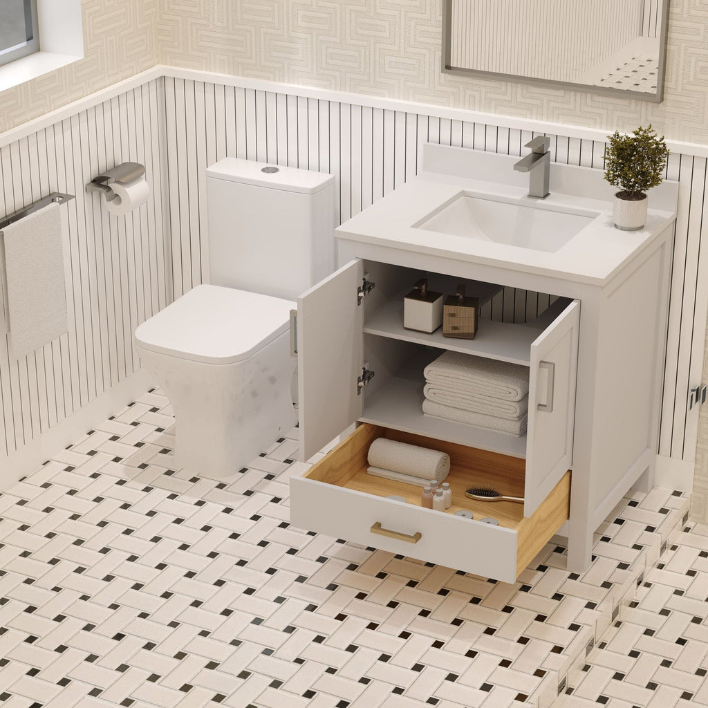 Modern solid wood bathroom vanity with a white stone top and integrated rectangular sink; cabinet doors open to a shelf with folded towels and toiletries, plus a pulled-out wood-lined drawer.