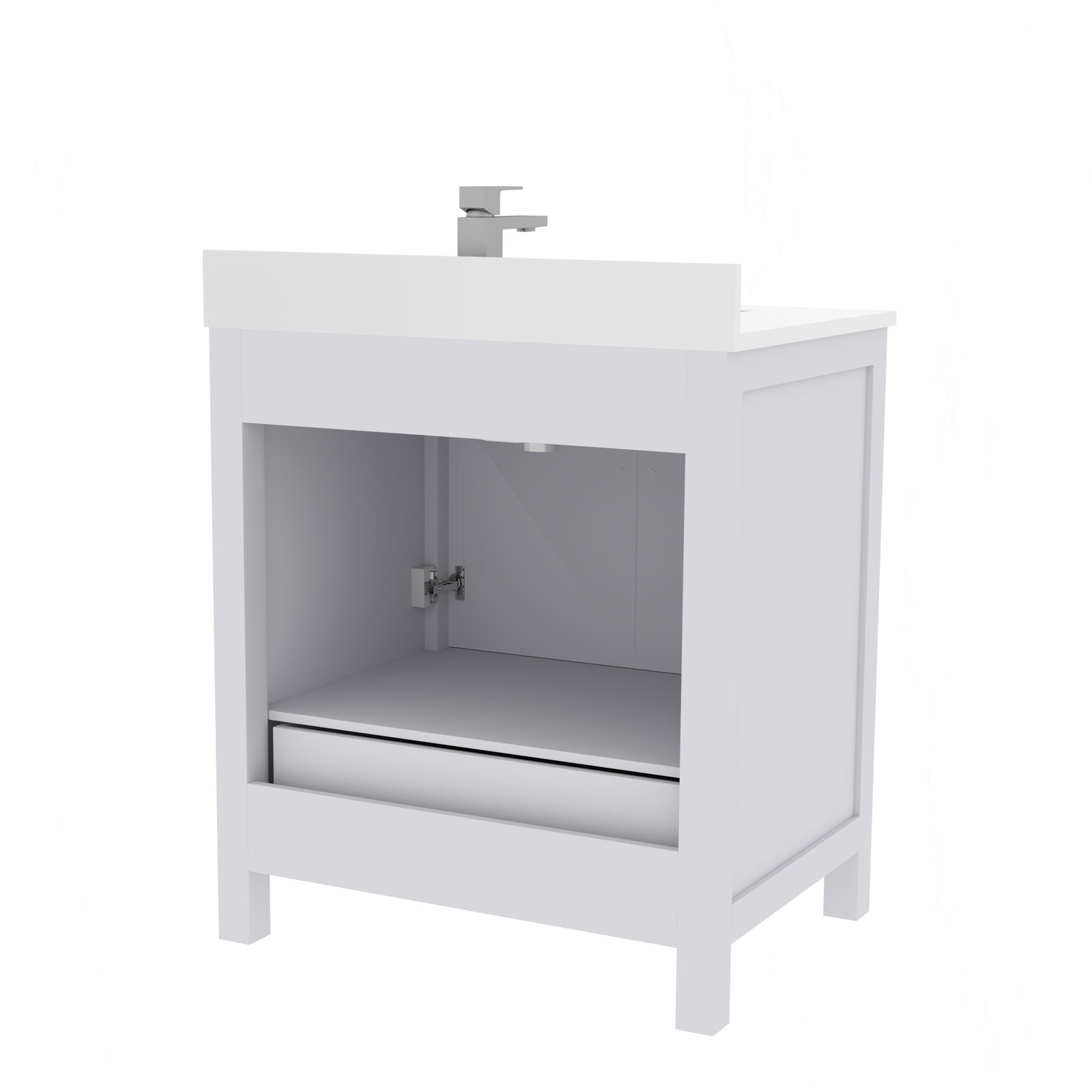 Freestanding 30-inch modern solid-wood single-sink bathroom vanity in stone finish with a white stone top and chrome faucet, shown with open lower cabinet, interior shelf and front storage drawer.