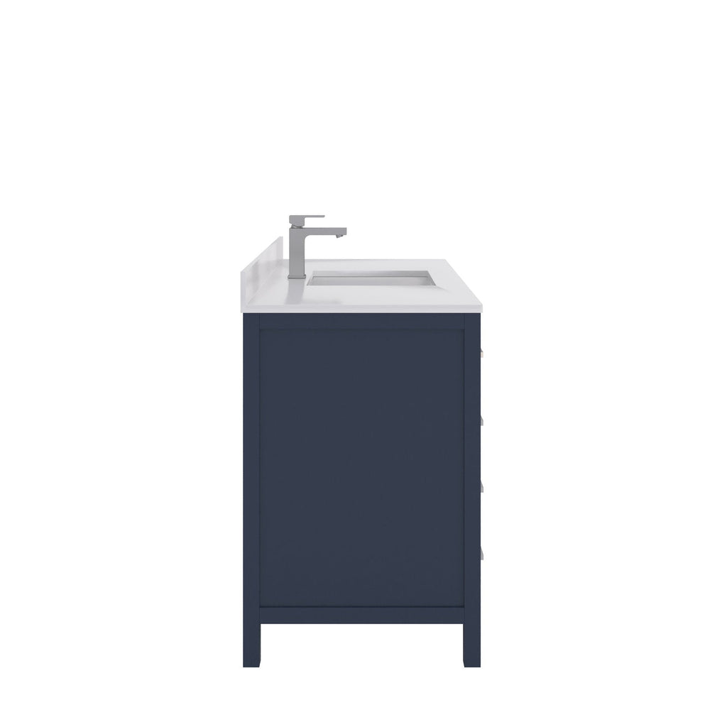 Side profile of a modern 48-inch solid wood bathroom vanity in a stone finish, featuring a white stone countertop with integrated rectangular ceramic sink and a single-handle metal faucet.