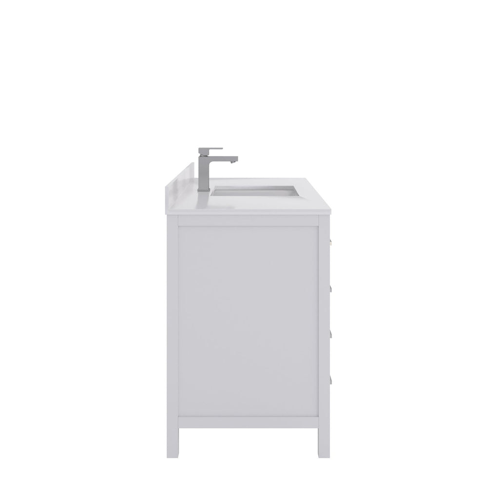 Side view of a stone-colored freestanding 48-inch bathroom vanity with a solid wood base, stone countertop, integrated rectangular ceramic sink and single-handle chrome faucet in a modern style.