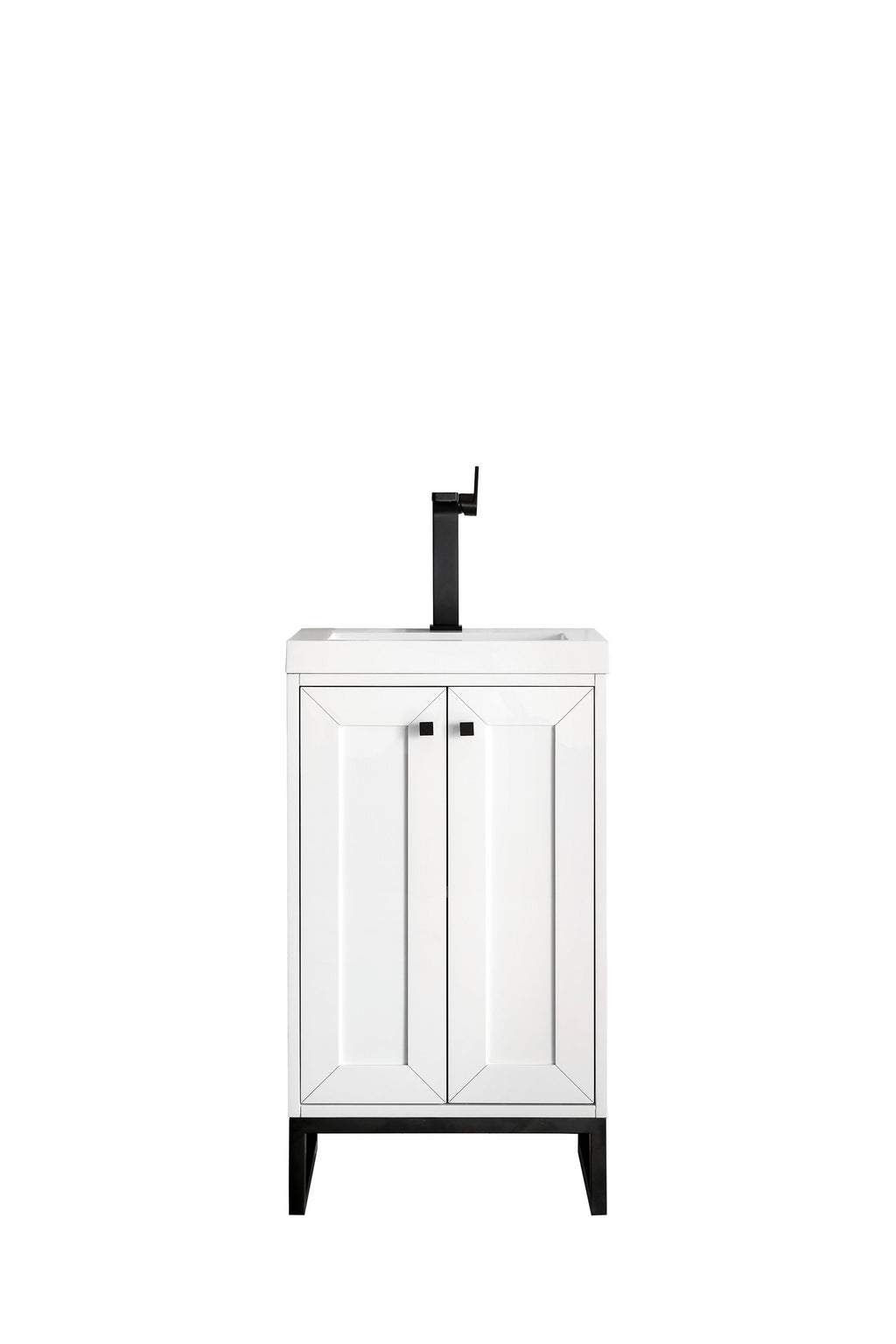 Freestanding modern solid-wood bathroom vanity in white with a stone top and integrated ceramic sink, paired with a tall black single-handle faucet, square black knobs and black metal legs.