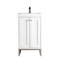 Modern freestanding single-sink bathroom vanity in white solid wood with a stone top, integrated rectangular ceramic basin, brushed-nickel square knobs and metal legs, plus two paneled doors for concealed storage.