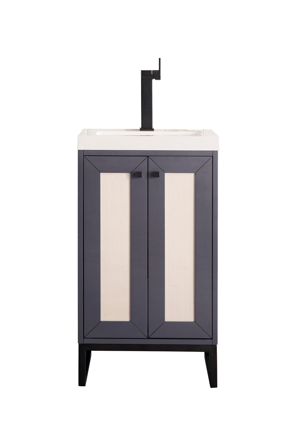 Front view of a modern 20-inch freestanding solid wood bathroom vanity in stone finish with white stone top and integrated ceramic sink, dark-gray framed doors with beige inset panels, black single-handle faucet and tapered legs.