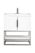 Contemporary white single-sink bathroom vanity with stone top and solid wood cabinet, central stainless pull handle, raised metal frame and open lower shelf for storage.