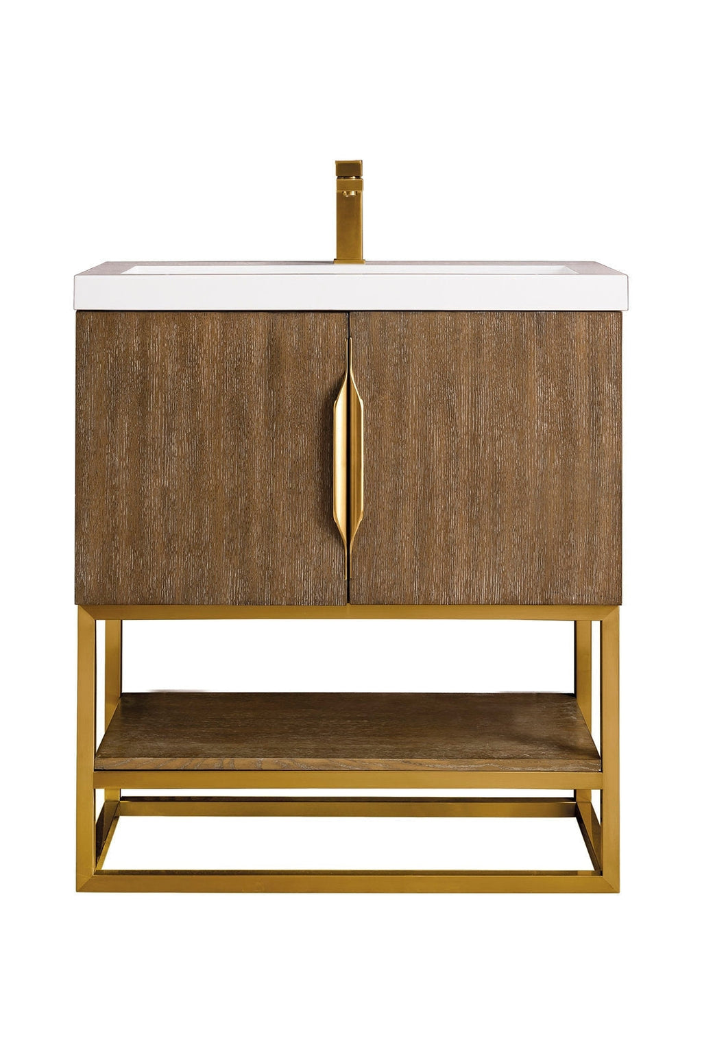 Modern single-sink freestanding bathroom vanity with a white stone top, solid wood stone-colored cabinet, gold metal base and matching vertical gold handle and faucet, and an open lower shelf for storage.