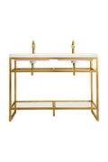 47-inch glam double-sink bathroom vanity with white stone top, two gold faucets, exposed gold drain pipes and a gold metal open-frame base with lower shelf.