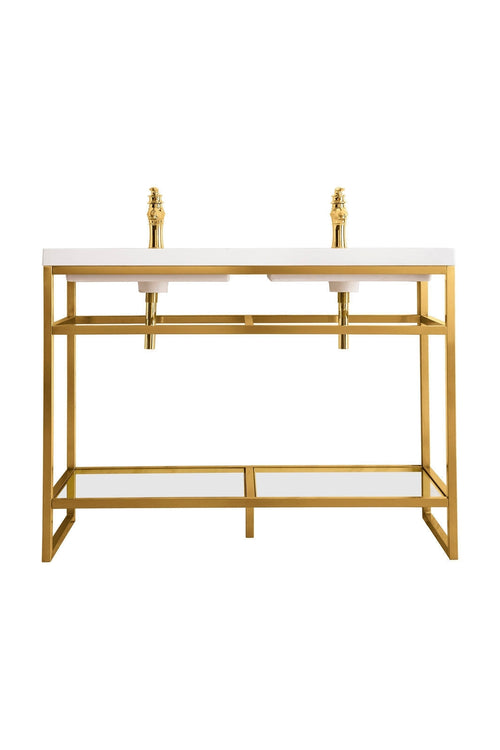 47-inch glam double-sink bathroom vanity with white stone top, two gold faucets, exposed gold drain pipes and a gold metal open-frame base with lower shelf.