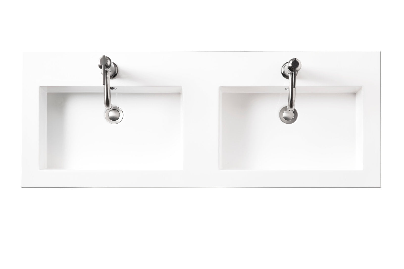 Top-down view of a contemporary glam stone double-sink vanity top in white showing two rectangular integrated basins with chrome metal single-handle faucets and round stainless drains.