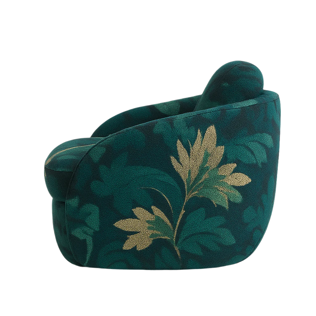 Side view of a modern emerald-green fabric accent chair with a curved back and cushioned seat, decorated with a metallic gold leaf floral motif across the upholstery.