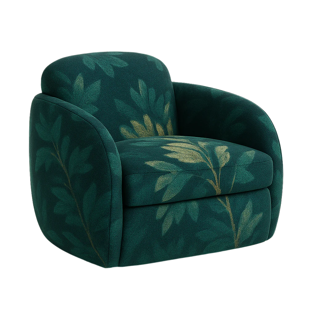 Deep emerald green fabric accent chair with a modern rounded silhouette, cushioned seat and arms, upholstered in a gold-green botanical leaf print.