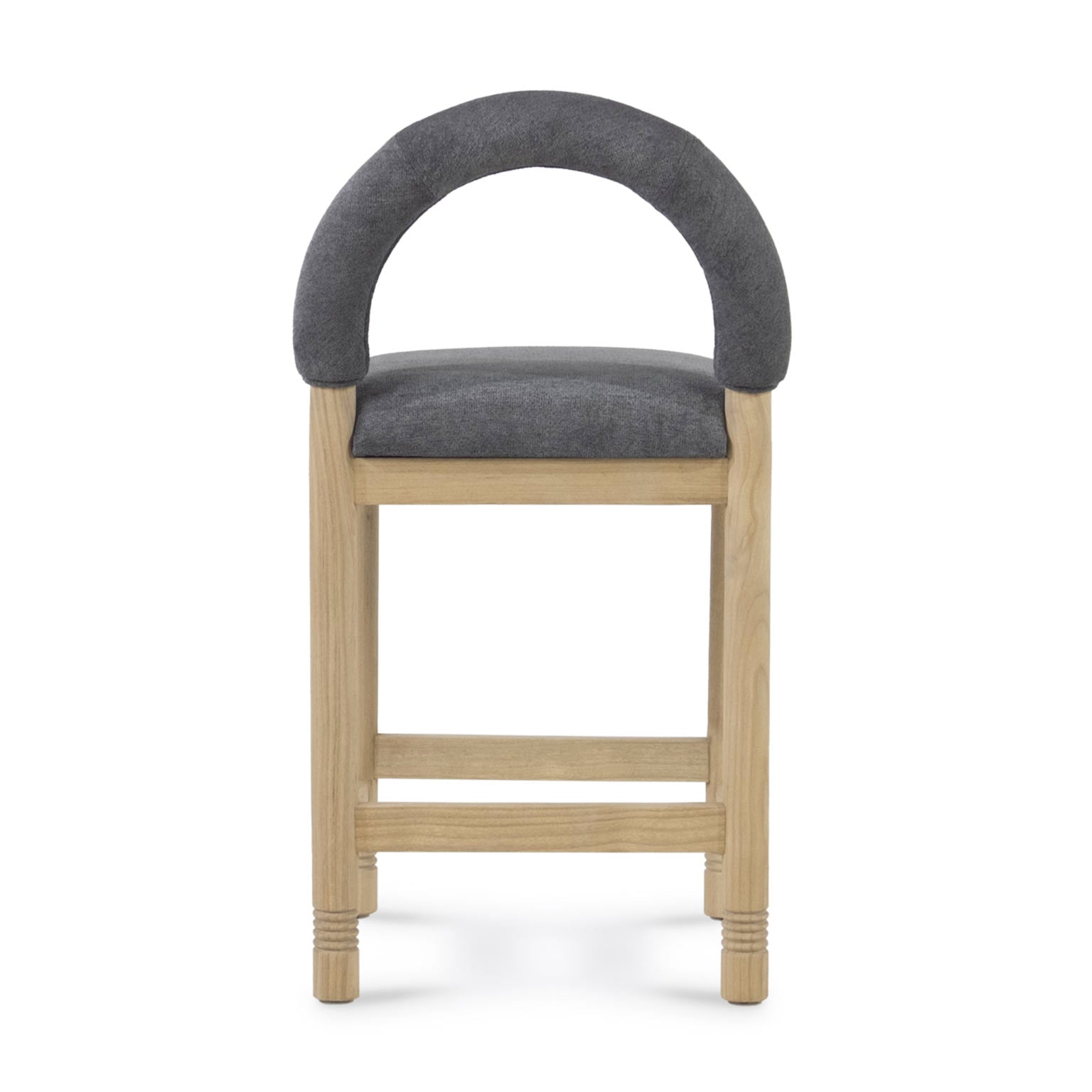 Front view of a counter-height stool with a natural oak frame, charcoal-gray bouclé upholstered seat and rounded low back, featuring straight legs and twin footrest rails on a white background.
