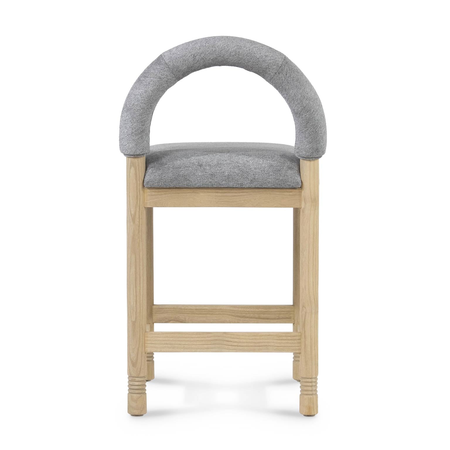 Front view of a stool with a natural oak frame and light gray boucle upholstered seat and rounded padded arch back, featuring straight legs and dual footrest rails.