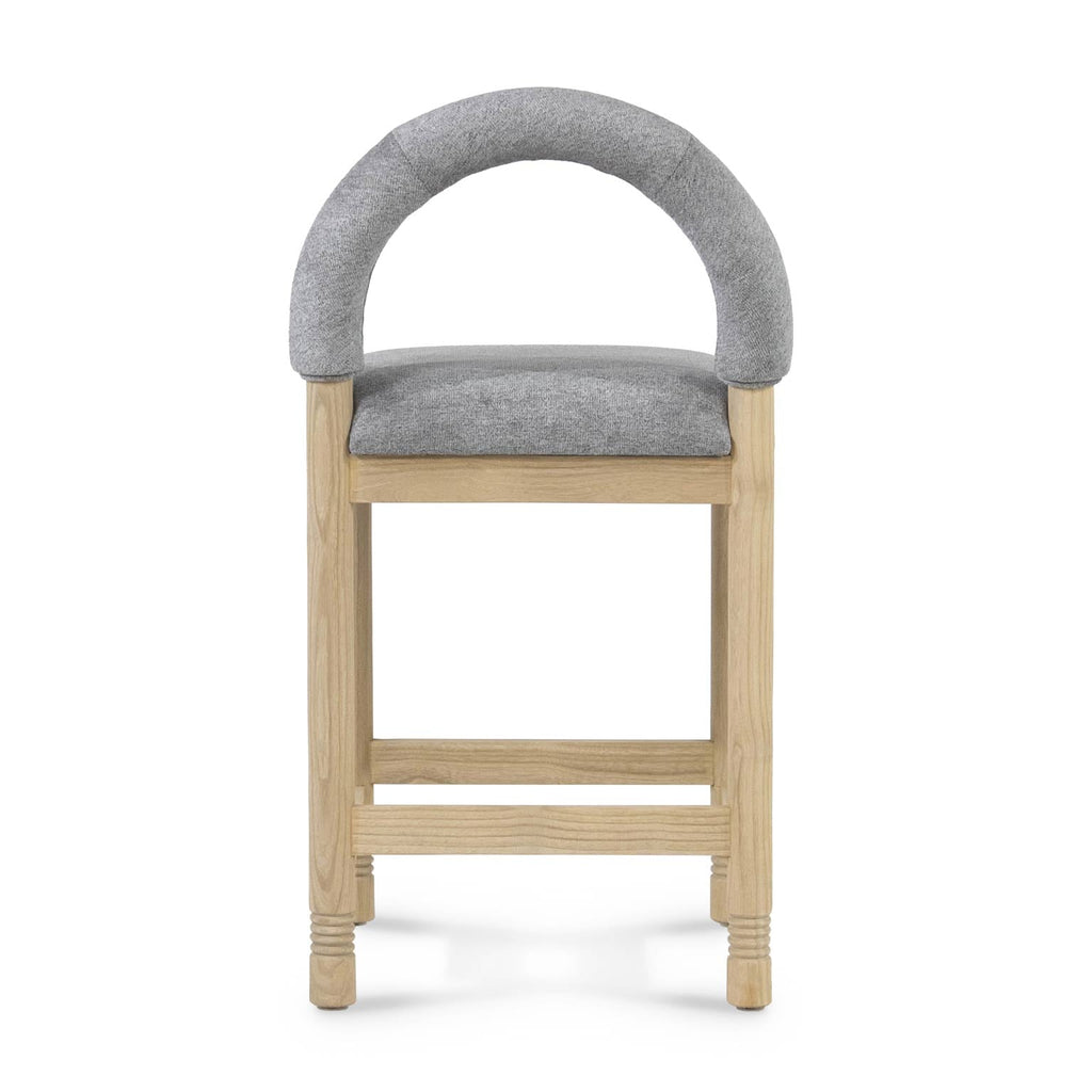 Front view of a stool with a natural oak frame and light gray boucle upholstered seat and rounded padded arch back, featuring straight legs and dual footrest rails.