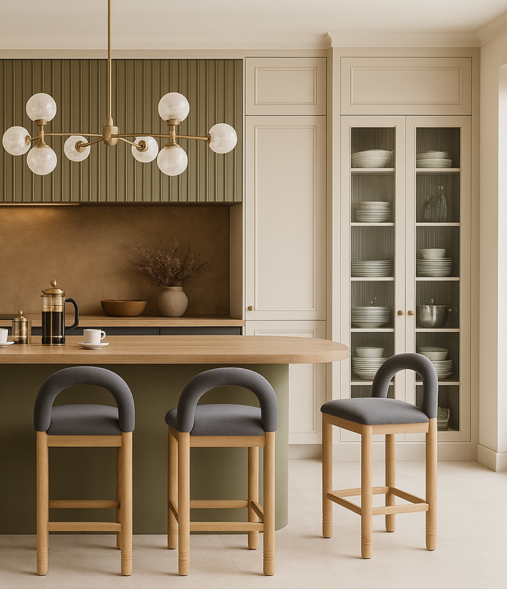 Three natural oak counter stools with curved charcoal-gray boucle backrests and padded seats tucked under a light wood kitchen island in a neutral contemporary coastal kitchen.