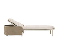 Profile view of a coastal-style sun lounger with beige fabric cushions, natural woven rope frame and slim cream metal legs, featuring an adjustable backrest.