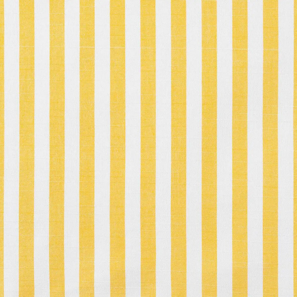 Close-up of yellow and white vertical-striped upholstery fabric with subtle woven texture, shown as a sample swatch for a dining chair seat or back.