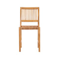 Front view of an armless outdoor bar stool in natural teak with a slatted seat and vertical slat back on a simple contemporary coastal solid wood frame.