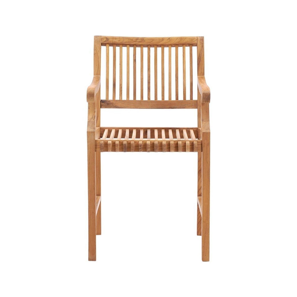 Front view of a solid teak outdoor bar stool with vertical slats on the back and seat, integrated curved armrests and straight legs in a natural teak finish ideal for coastal patios.