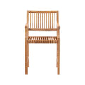 Front view of a solid teak outdoor bar stool with vertical slats on the back and seat, integrated curved armrests and straight legs in a natural teak finish ideal for coastal patios.