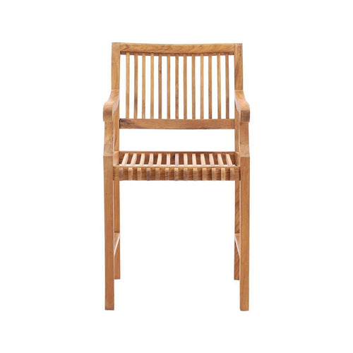 Front view of a solid teak outdoor bar stool with vertical slats on the back and seat, integrated curved armrests and straight legs in a natural teak finish ideal for coastal patios.