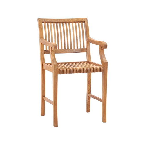 Solid teak outdoor bar stool with vertical slatted seat and back, curved armrests and sturdy solid-wood frame in a warm natural teak finish, coastal style for patio or outdoor bar seating.
