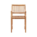 Front view of a solid teak outdoor bar stool with vertical slats on the back and seat, integrated curved armrests and straight legs in a natural teak finish ideal for coastal patios.
