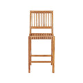 Front view of an armless outdoor bar stool in natural teak with a slatted seat and back, square legs and integrated footrest, solid wood construction in a modern coastal style.