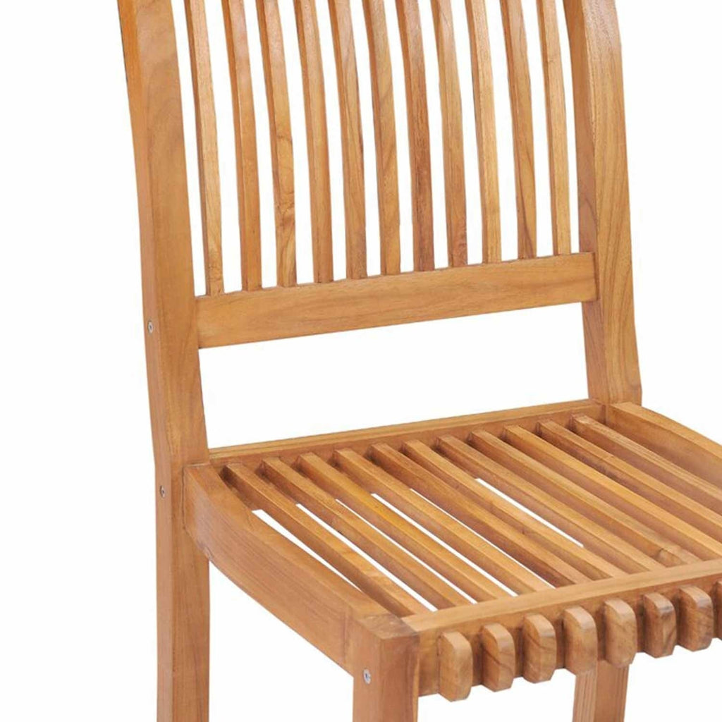 Close-up of a natural teak armless outdoor bar stool showing its slatted solid-wood seat and curved slatted back in a warm brown teak finish.