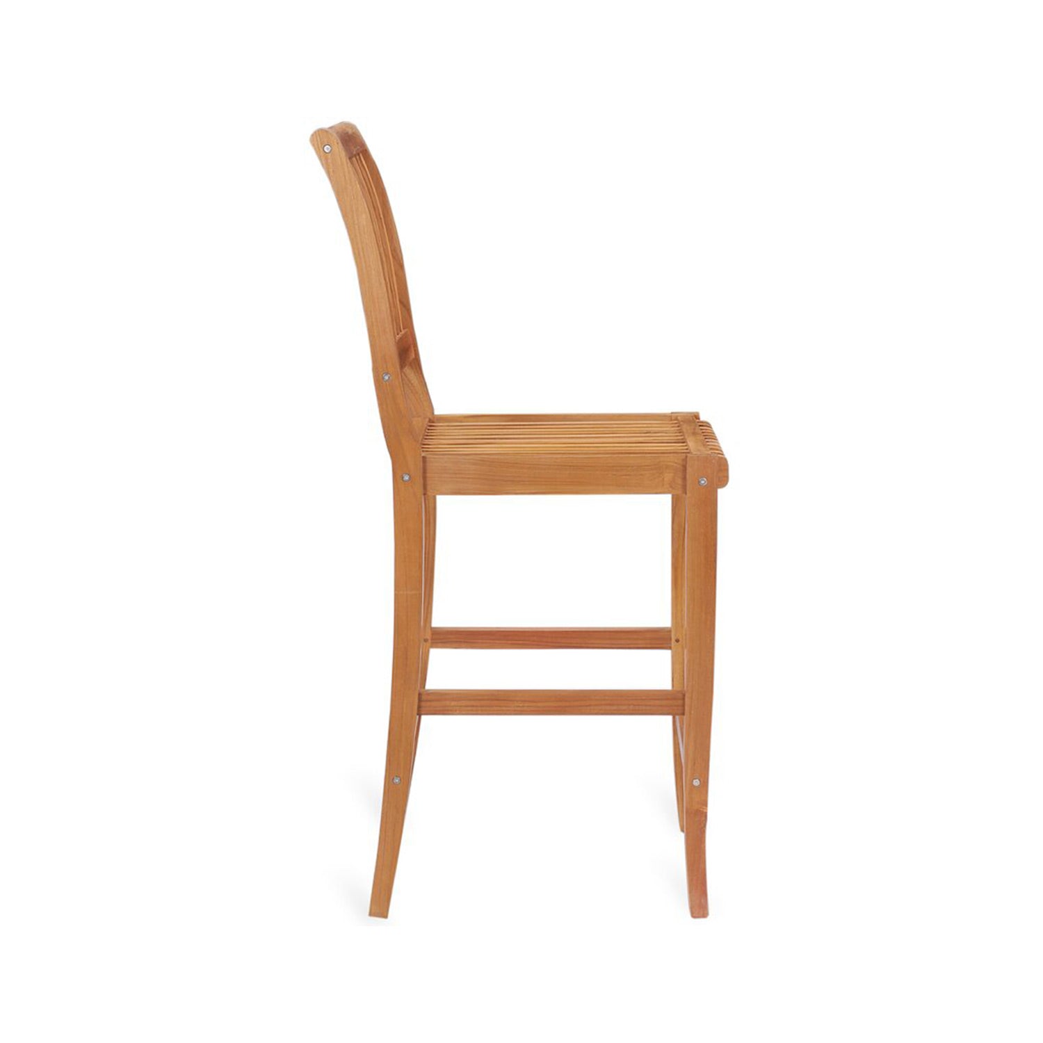 Side profile of an armless outdoor bar stool in natural teak with slatted seat and low curved back, solid wood frame and visible metal fasteners for a coastal-contemporary look.