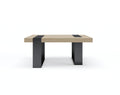 Front view of a modern block table with a natural oak rectangular top and two wide black steel legs that rise and form dark inset bands across the tabletop, shown on a white background.