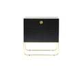 Front view of a mahogany drinks cabinet with a centered round brass knob, two stacked drawers and a polished brass sled-style base in a contemporary glam silhouette on a white background.