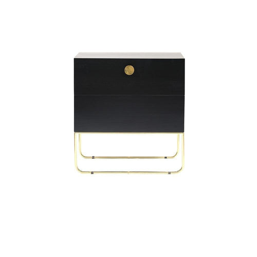 Front view of a mahogany drinks cabinet with a centered round brass knob, two stacked drawers and a polished brass sled-style base in a contemporary glam silhouette on a white background.