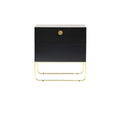 Front view of a mahogany drinks cabinet with a centered round brass knob, two stacked drawers and a polished brass sled-style base in a contemporary glam silhouette on a white background.