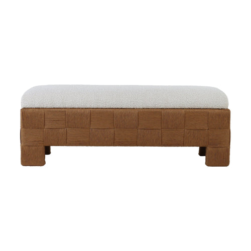 59-inch boucle upholstered bench with a cream fabric cushion set on a woven natural rattan checkerboard base and short rattan feet, low-profile boho-contemporary end-of-bed or entryway bench.