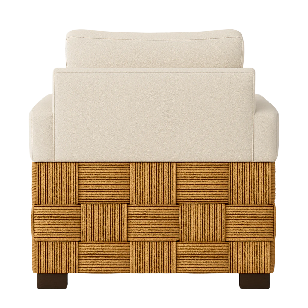 Back view of a modern accent chair featuring cream fabric upholstery on the back and arms above a woven natural-wood base with honey-tan braided panels and short dark wood block legs.