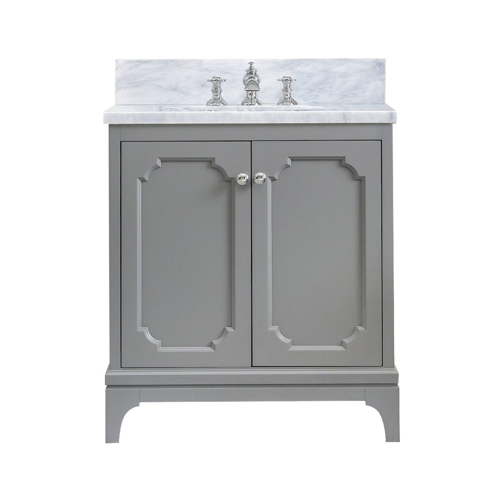 Gray solid-wood single-sink bathroom vanity with white marble countertop and backsplash, decorative recessed-panel doors, chrome round knobs and a three-piece chrome faucet.