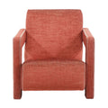 Front view of a modern terracotta upholstered lounge chair in woven fabric, with a full back, squared arms and visible white contrast stitching along the arm edges.