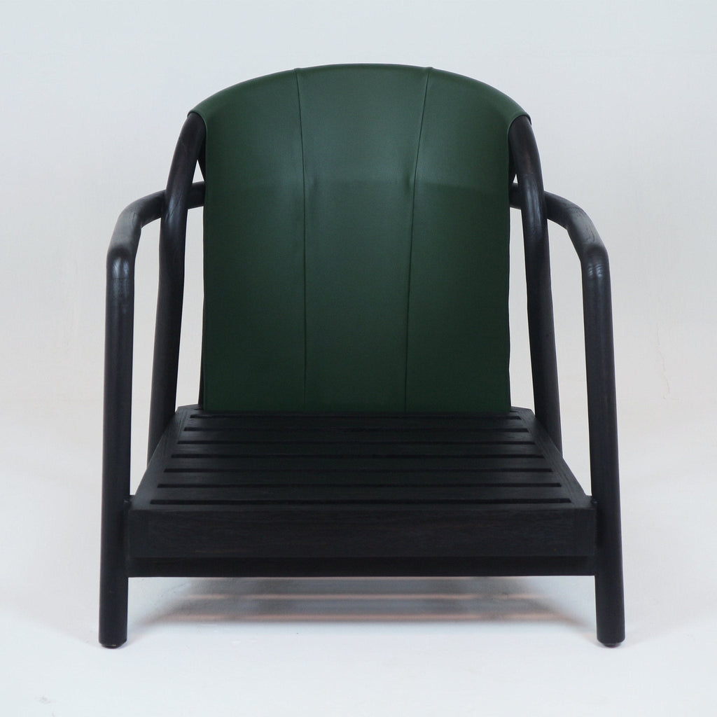 Front-facing mid-century modern armchair with a curved green leather backrest, dark slatted teak seat and rounded teak armrests shown on a white studio background.