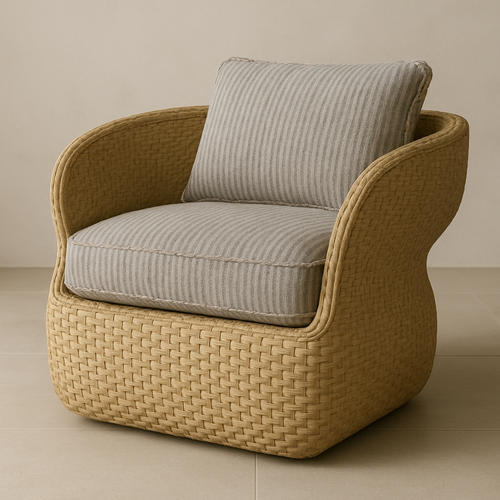 Natural woven all-weather rattan accent chair with sculpted rounded arms, a thick taupe-grey ribbed seat cushion and matching back pillow on a neutral tile floor.