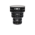 Modern round mahogany-black solid wood side table with a flat circular top and three stacked cylindrical tiers featuring square grid cutouts for an open caged look.