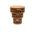 Round mid-century modern side table in solid teak with three stacked cylindrical lattice tiers and a smooth round top, showcasing a natural teak finish and open grid shelving.
