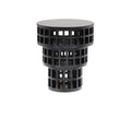 Modern round mahogany-black solid wood side table with a flat circular top and three stacked cylindrical tiers featuring square grid cutouts for an open caged look.