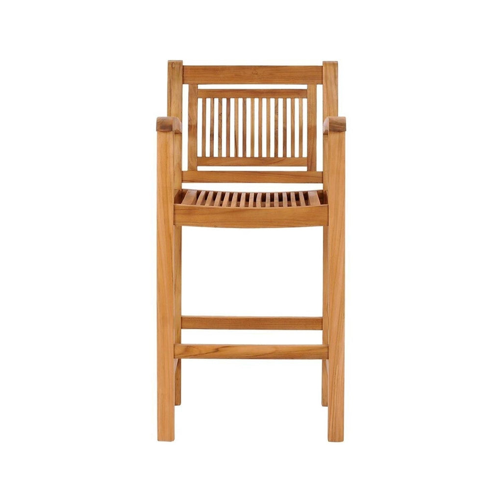 Front view of a natural teak solid-wood outdoor bar stool in coastal-contemporary style, featuring a slatted seat and slatted back, square armrests and straight stretchered legs.